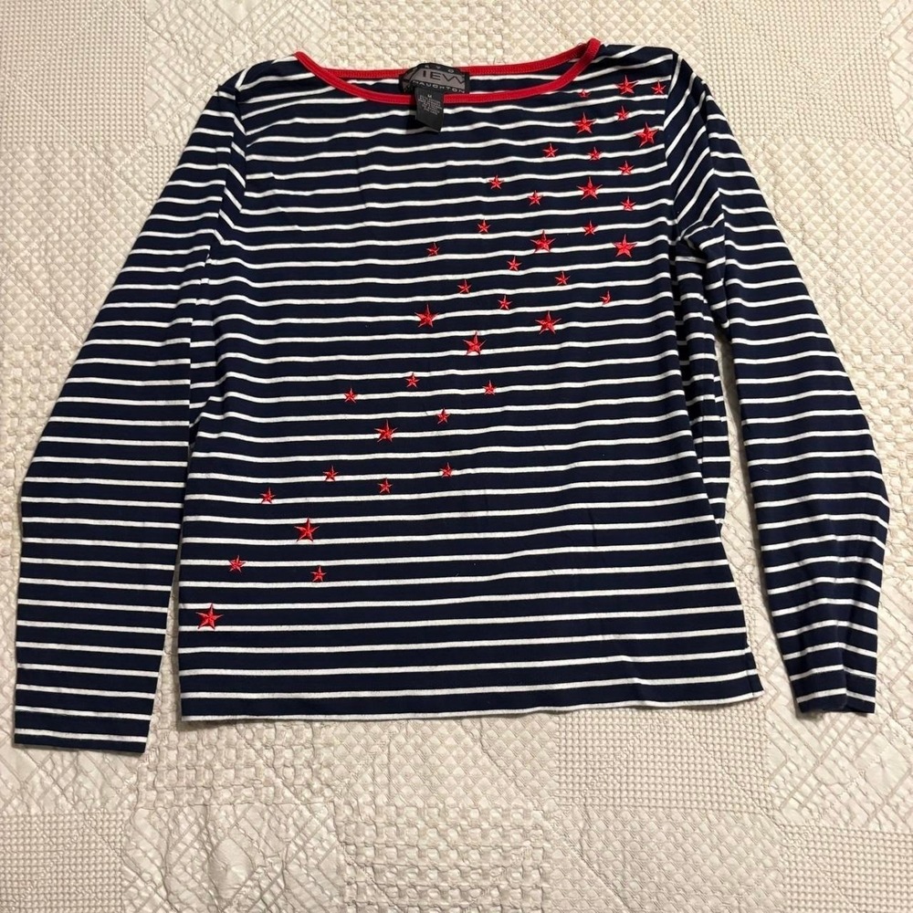 Vintage Navy and white striped long sleeve top with embroidered red stars.